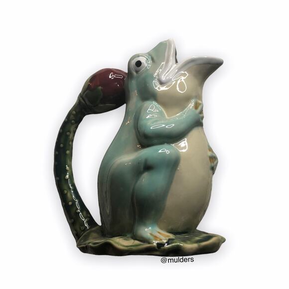 Vintage 1960s Majolica Eclectic Hand Painted Large Green Frog Pitcher60s